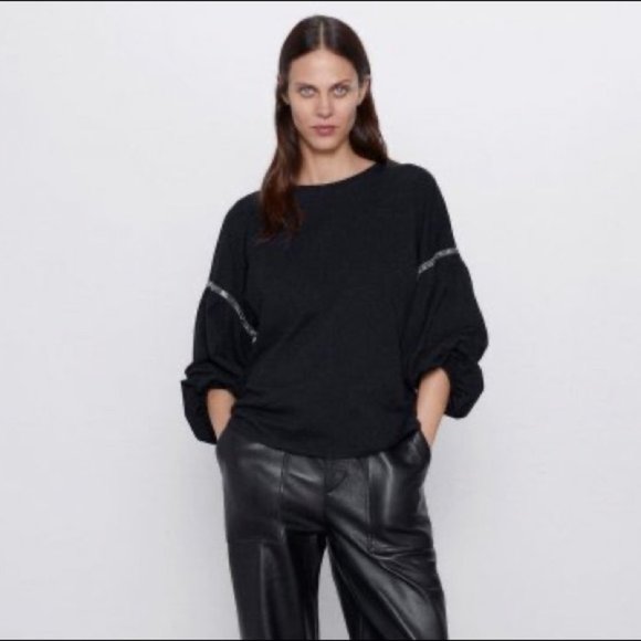🌷 Zara Jewel Detail Black Balloon Long Sleeve Top Size S - Picture 1 of 11